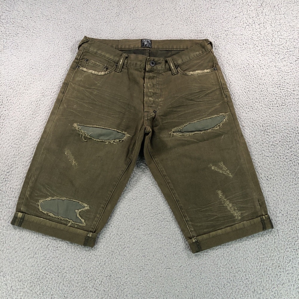 Prps‎ Shorts Mens Green 31 Green Jeans Distressed Denim Button Fly Jorts Cuff